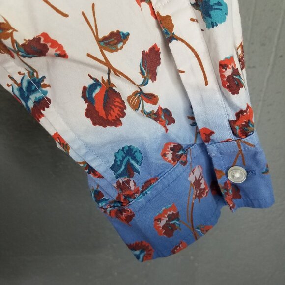 Lands End Button Up Shirt Women 2X 20-22 Cotton Roll Tab Sleeve Floral Ombre Blu - Picture 6 of 16